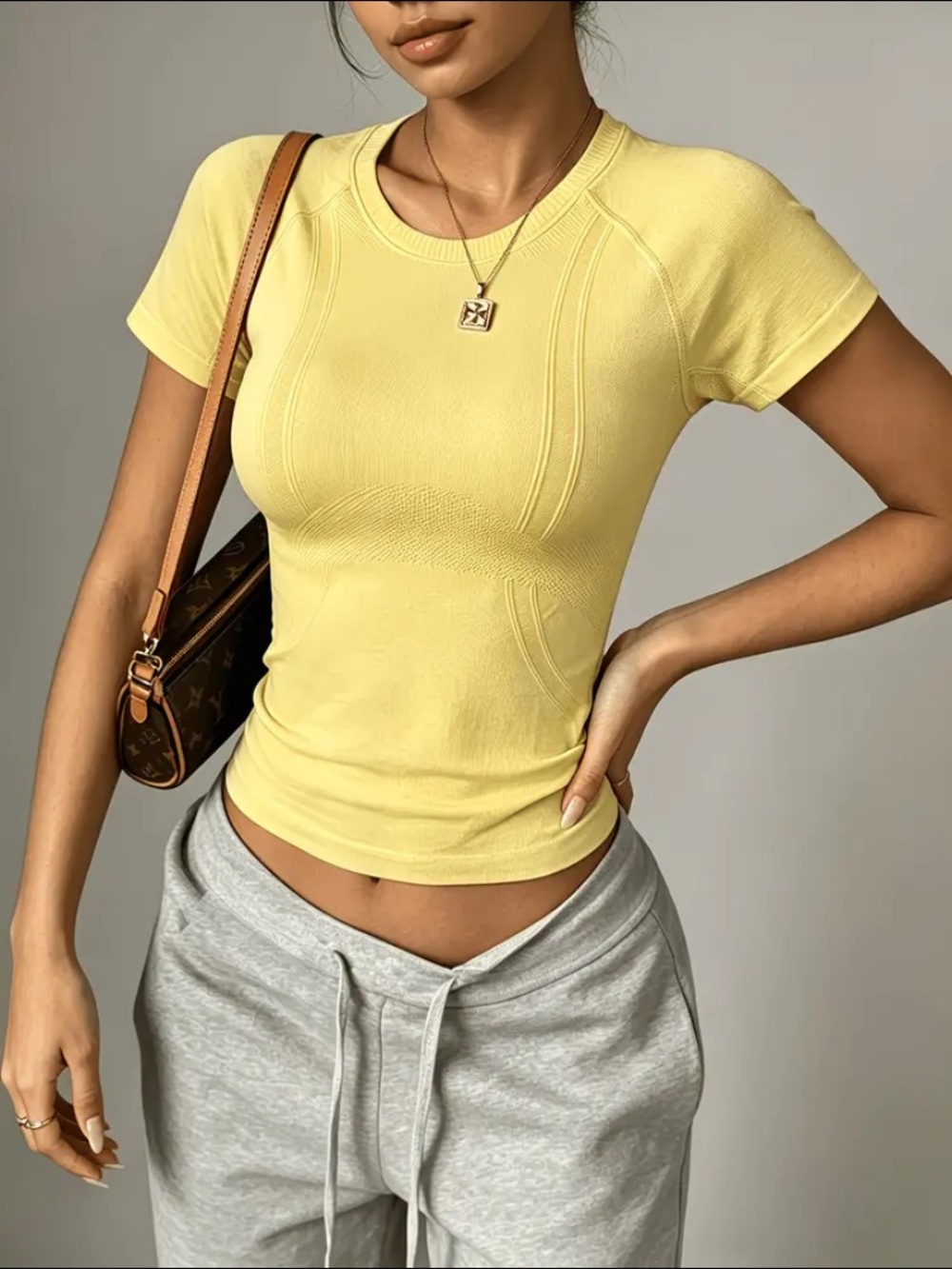 Yellow Short-Sleeve Ribbed Crewneck Top and Plaid Pants Set - Brand New